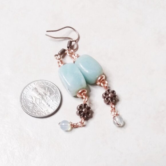 Lightweight Green Aventurine & Copper Blossoms Dangle Earrings! Prosperity +Luck - Picture 5 of 7